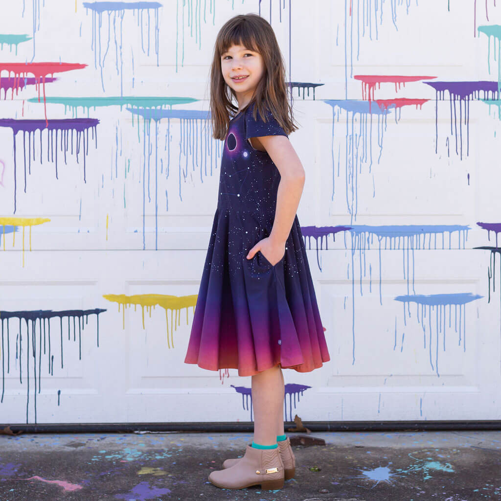 princess awesome solar system dress Night Lights Planets and Moons Super Twirler Dress with Pockets 8 / Short Sleeves