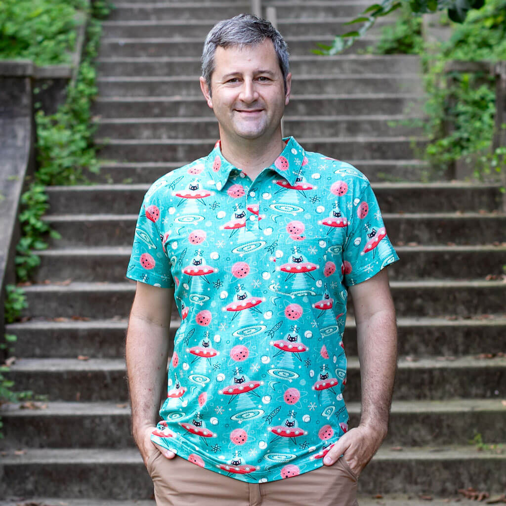 Adult &quot;Beam Me Up, Kitty&quot; Cats in Space Saucers Short Sleeve Polo Shirt