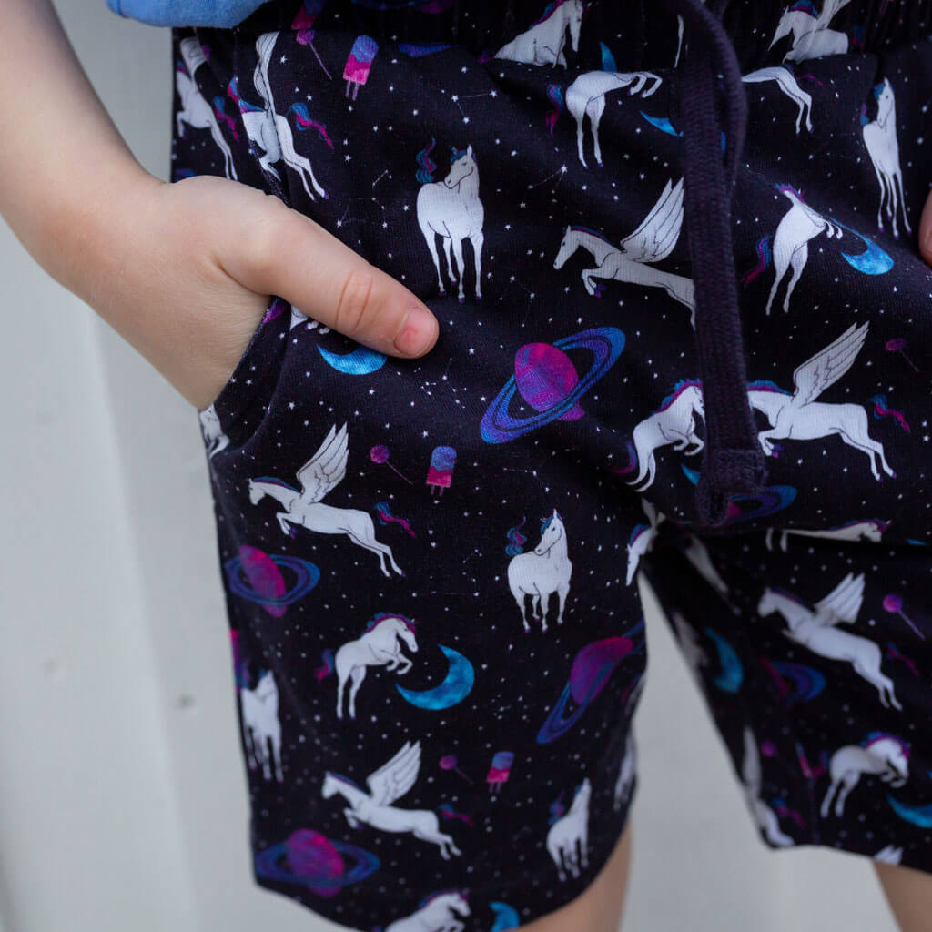"Horsing Around" Space Unicorns Drawstring Shorts with Pockets