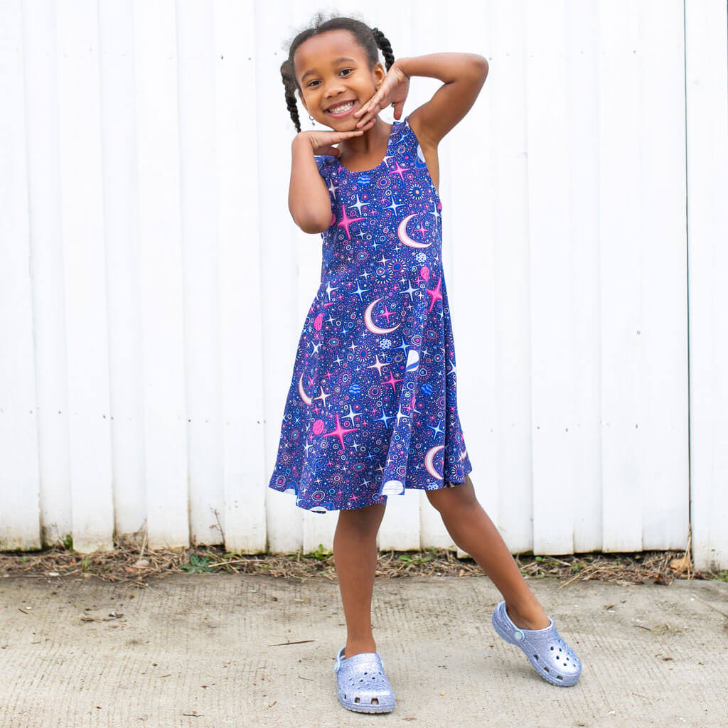 "Stardust" Sparkling Space Sleeveless Play Dress with Pockets