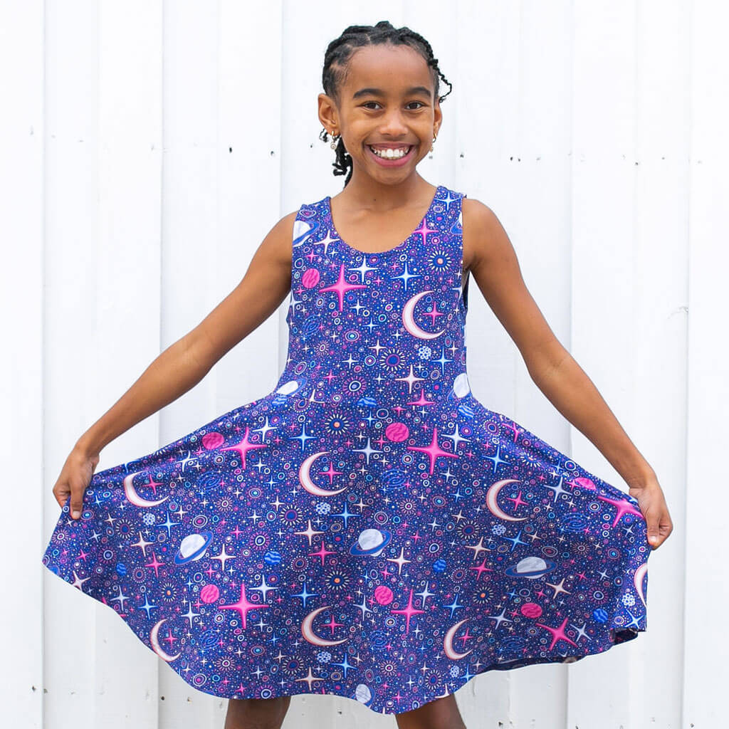 "Stardust" Sparkling Space Sleeveless Play Dress with Pockets