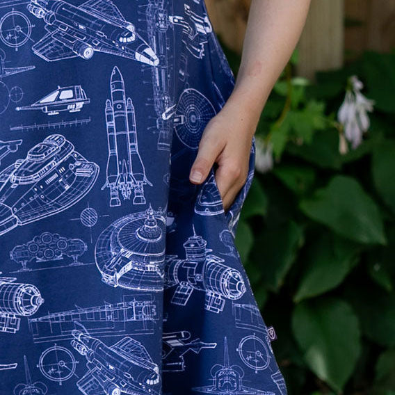 Starship Blueprints T-Shirt Dress with Pockets