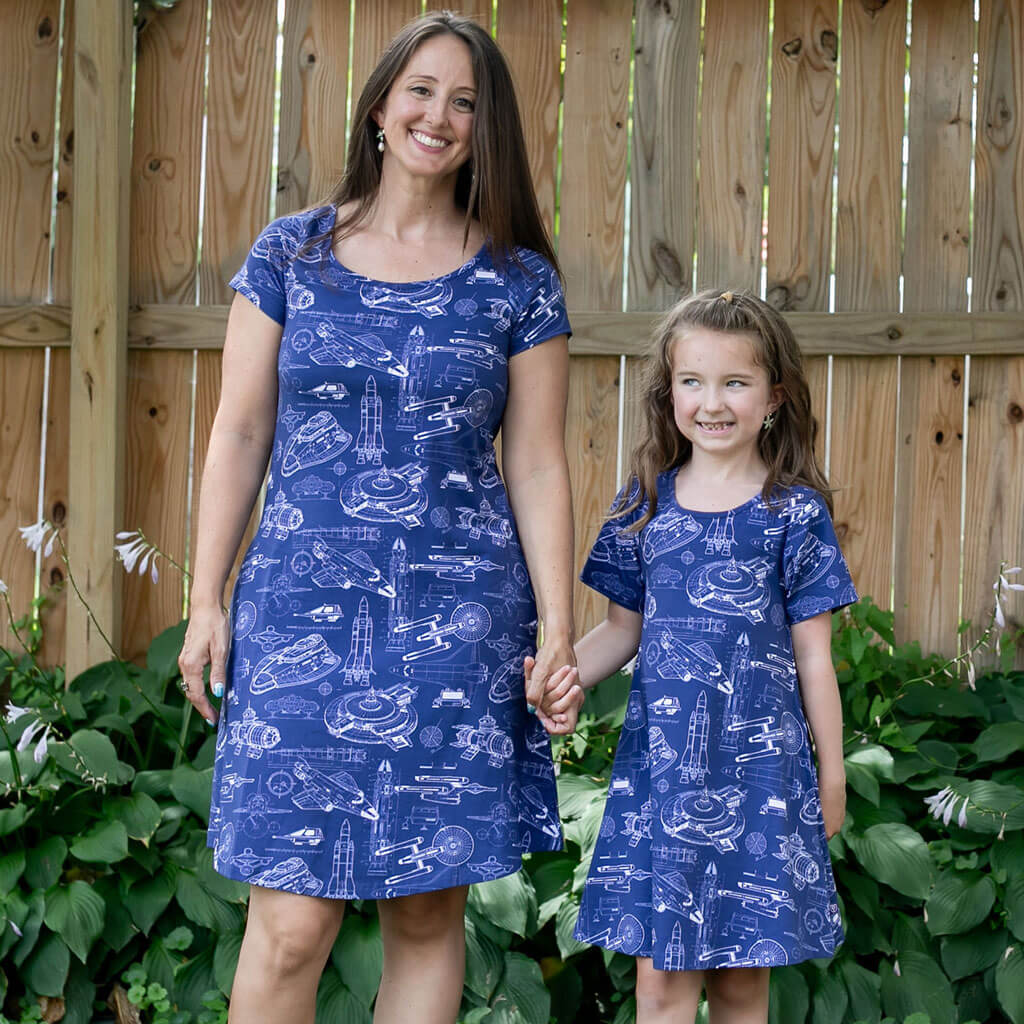 Adult Starship Blueprints T-Shirt Dress with Pockets