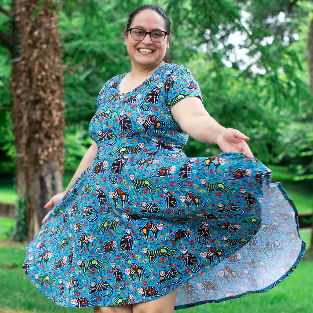 Adult &quot;Los Gatos Fantasmas&quot; Calavera Cats Super Twirler Dress with Pockets