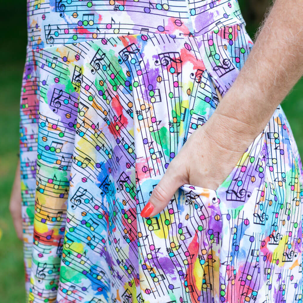 Adult "Staff Meeting" Rainbow Music Notes Super Twirler Dress with Pockets