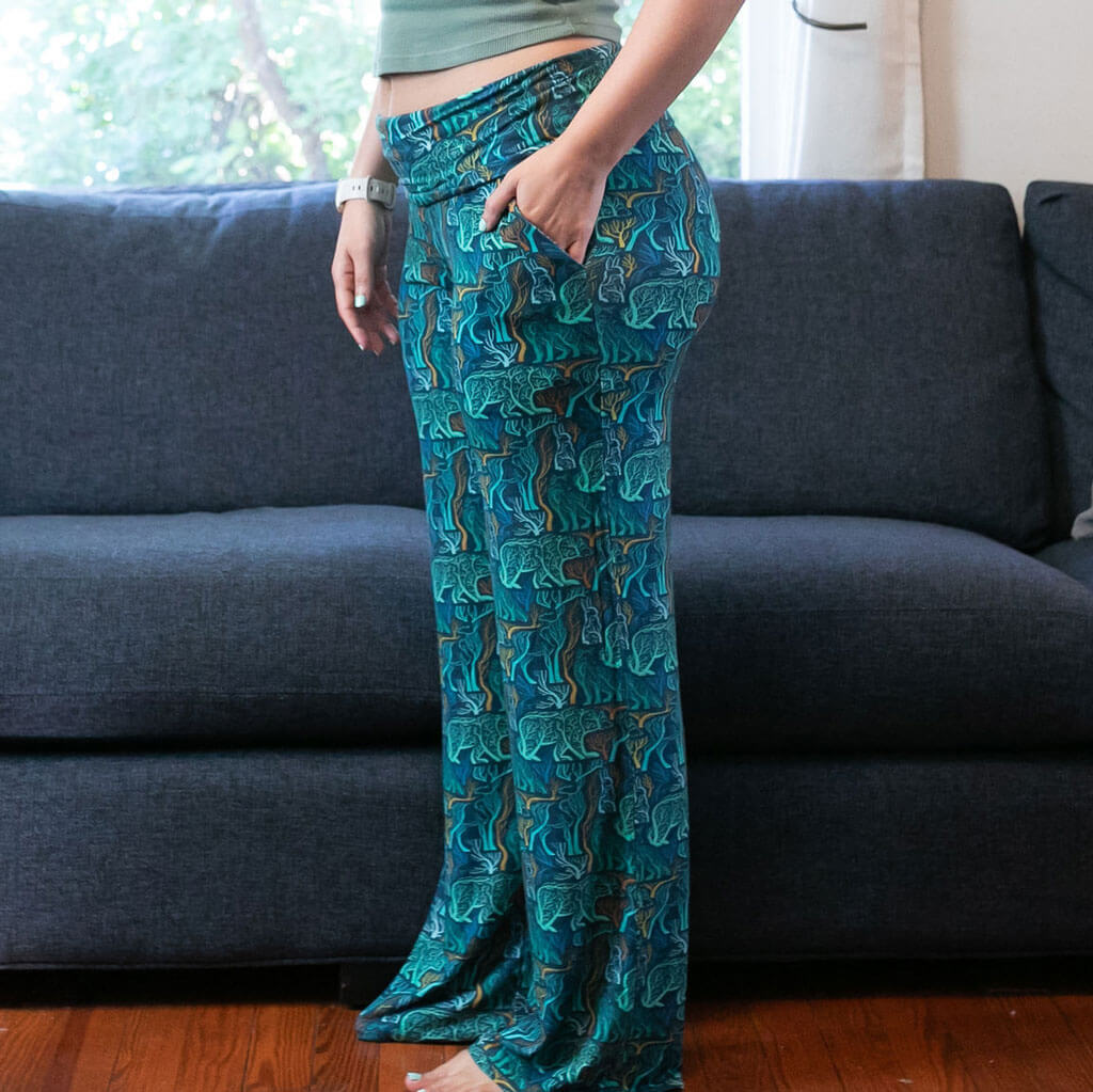 Adult "Branching Out" Forest Animals Foldover Straight Leg Lounge Pants with Pockets