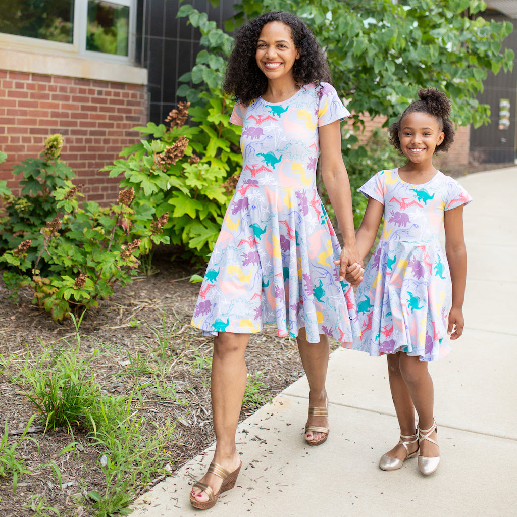 “Mesozoic Mischief” Dinosaurs Short Sleeve Super Twirler Dress with Pockets - Adult