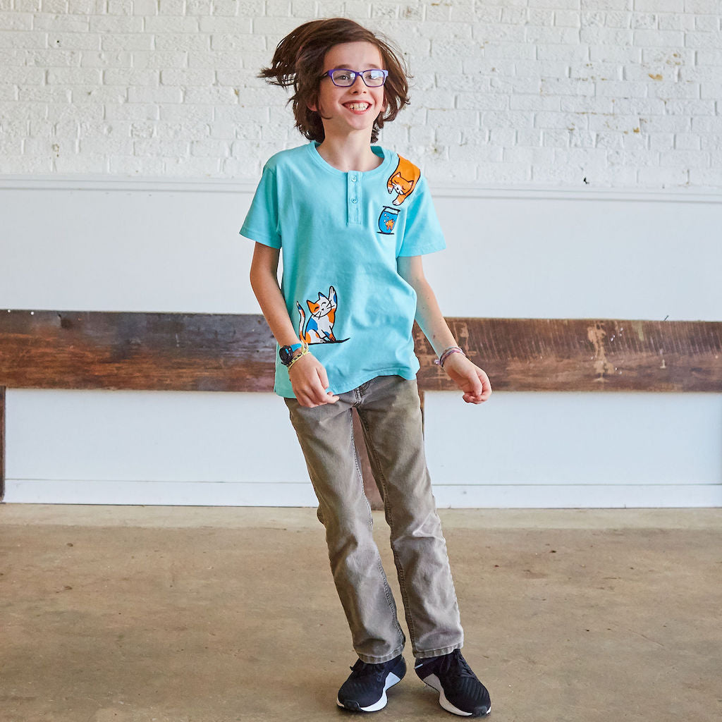 Curious Cats Short Sleeve Henley Shirt