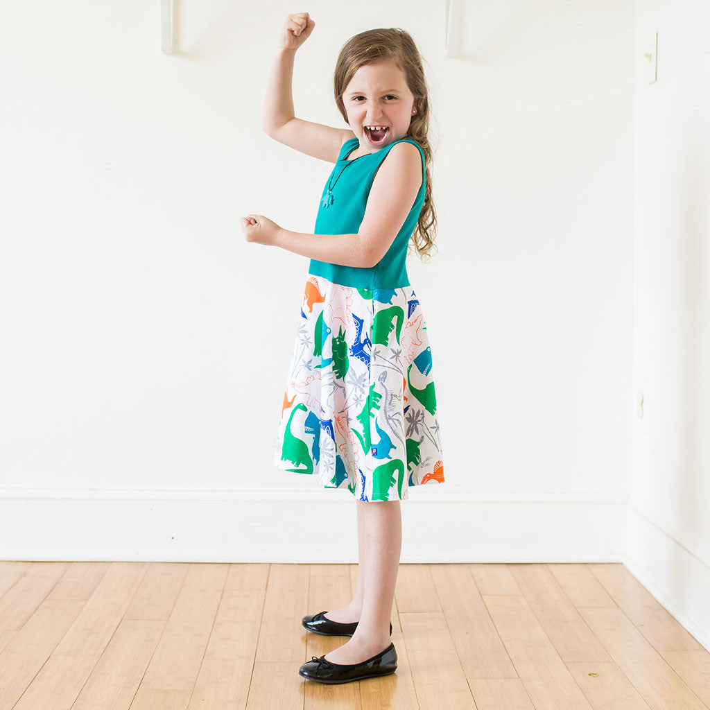 "Mesozoic Mischief" Dinosaurs Twirly Play Dress with Pockets