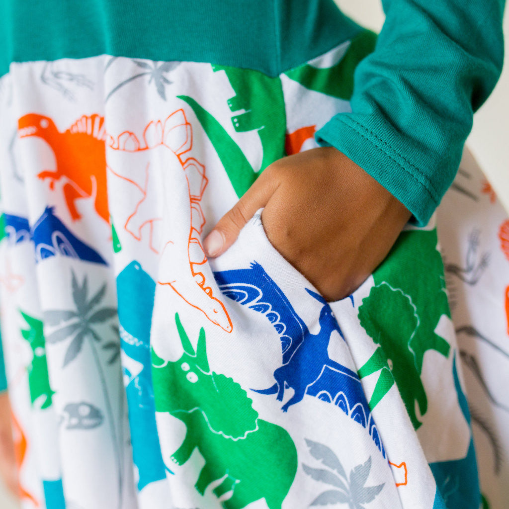 "Mesozoic Mischief" Dinosaurs Twirly Play Dress with Pockets and Long Sleeves