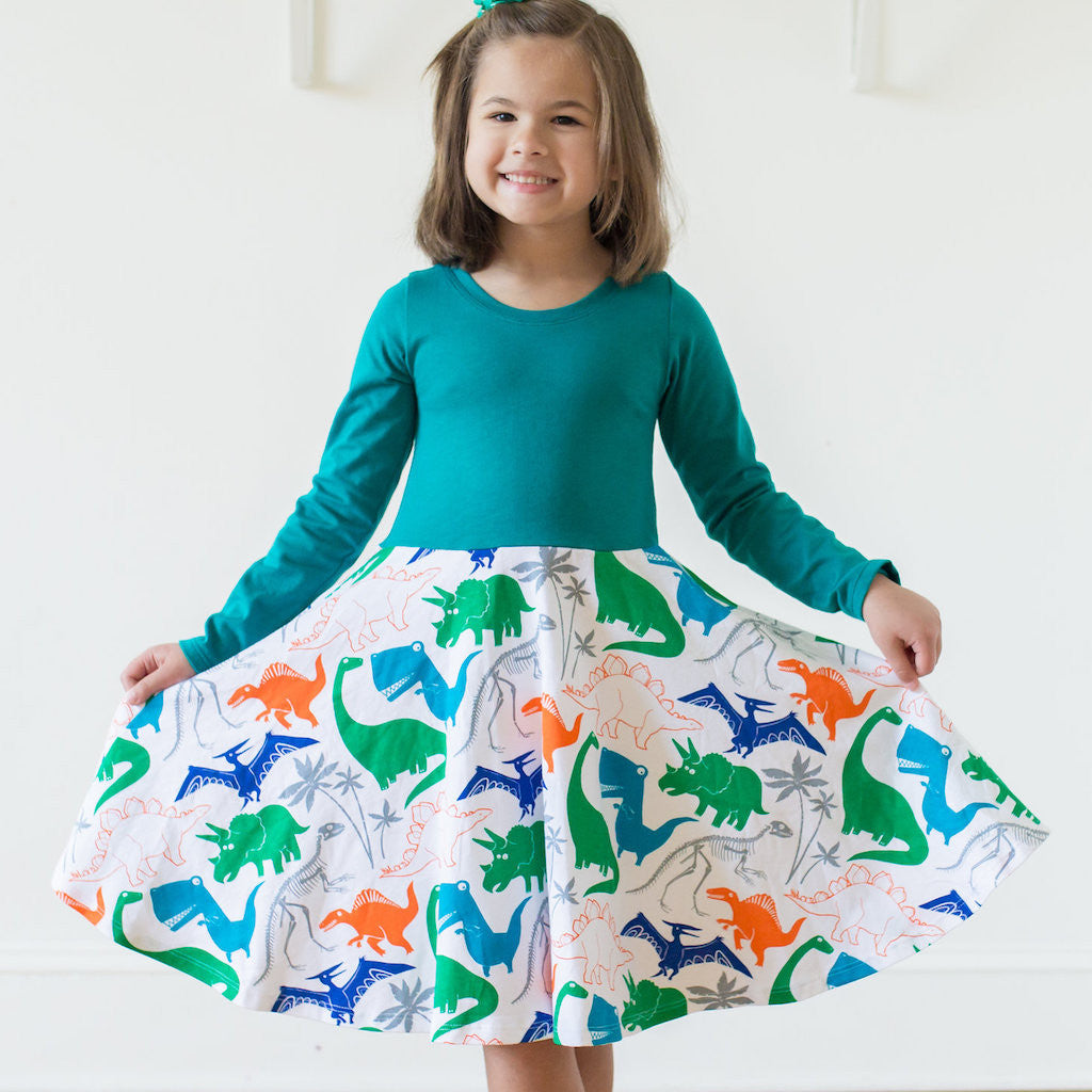 "Mesozoic Mischief" Dinosaurs Twirly Play Dress with Pockets and Long Sleeves