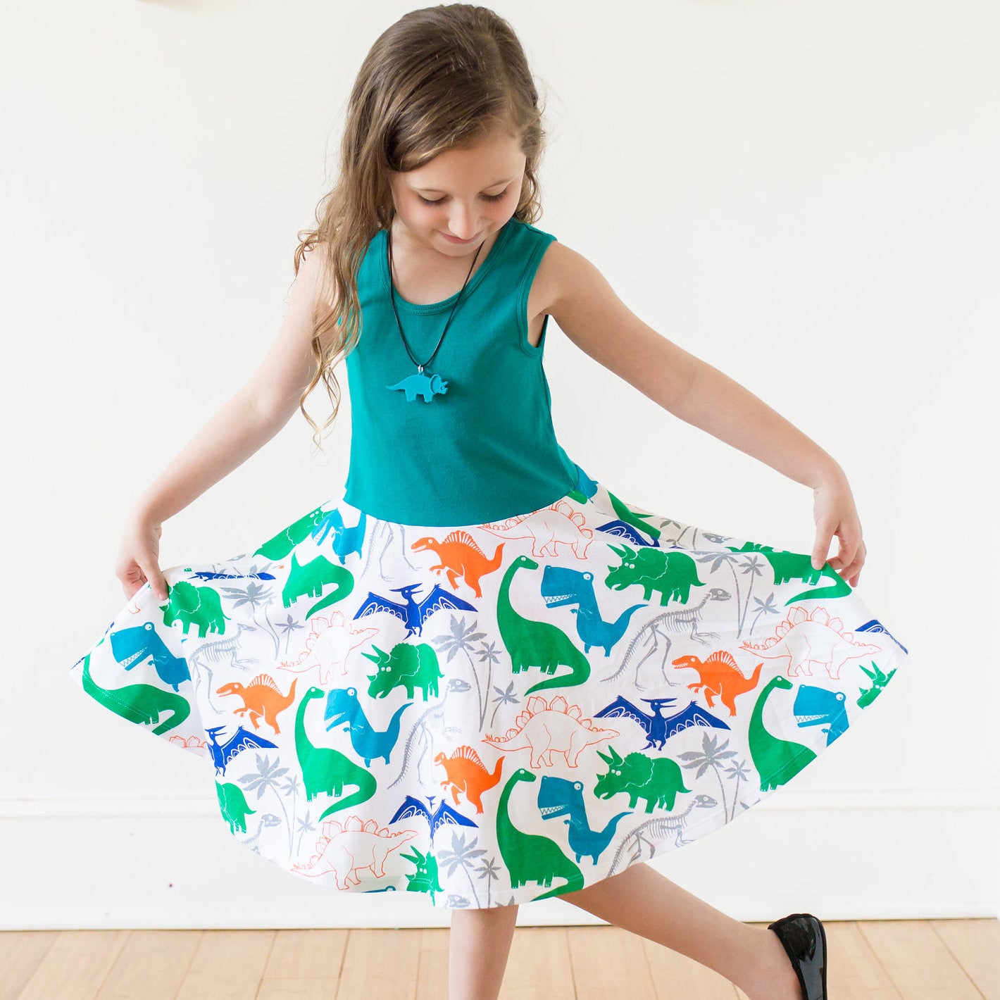 "Mesozoic Mischief" Dinosaurs Twirly Play Dress with Pockets