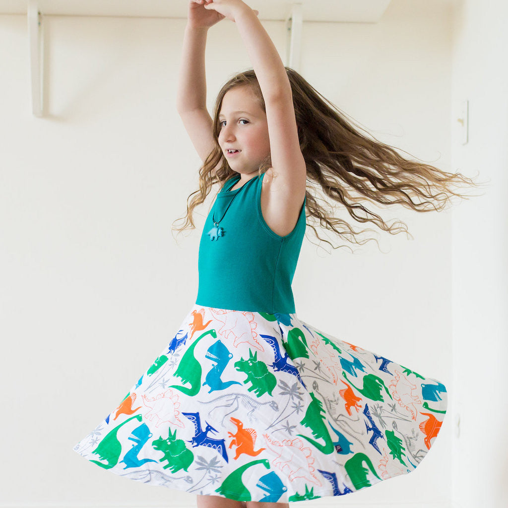 "Mesozoic Mischief" Dinosaurs Twirly Play Dress with Pockets