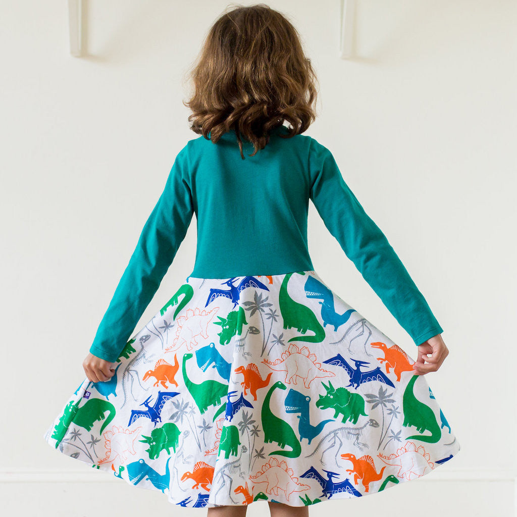 "Mesozoic Mischief" Dinosaurs Twirly Play Dress with Pockets and Long Sleeves