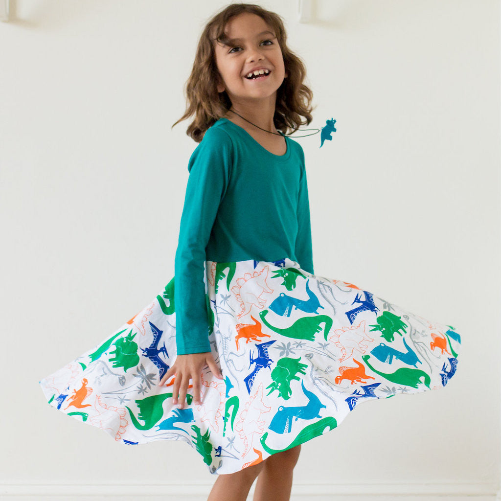 &quot;Mesozoic Mischief&quot; Dinosaurs Twirly Play Dress with Pockets and Long Sleeves