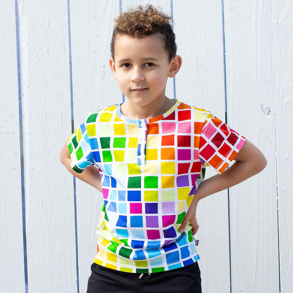 Rainbow Blocks Henley Short Sleeve Tee Shirt - Princess Awesome & Boy Wonder