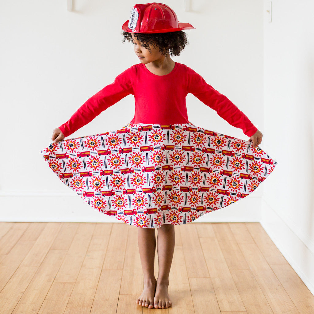 "Rescue Ready" Fire Engine Twirly Play Dress with Pockets and Long Sleeves