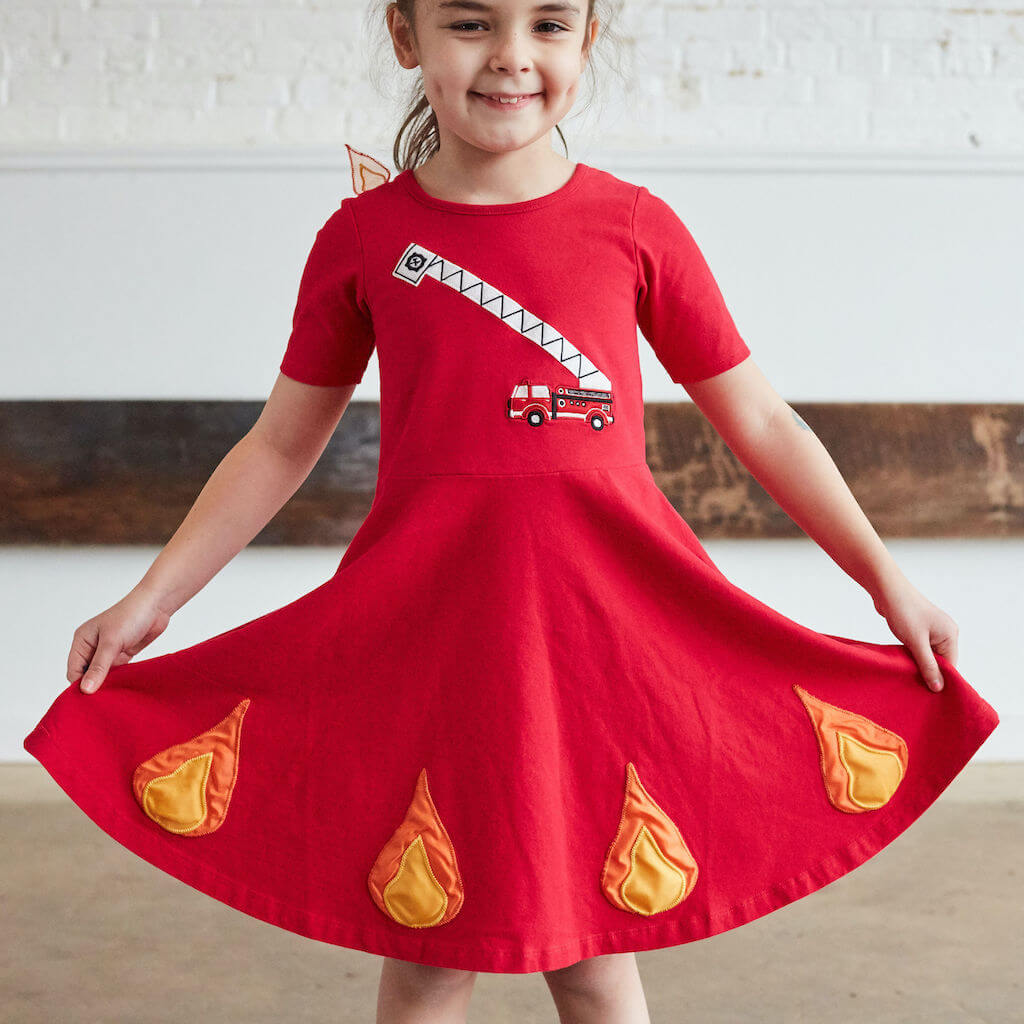 Fire Truck & Flames Ballerina Style Short Sleeve Dress with Pockets
