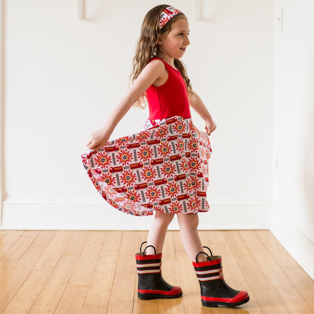 "Rescue Ready" Fire Engine Twirly Play Dress with Pockets