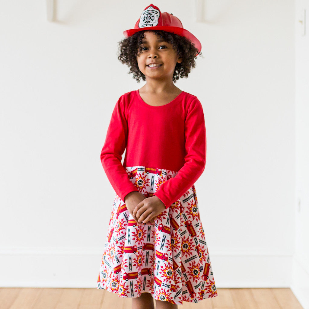 "Rescue Ready" Fire Engine Twirly Play Dress with Pockets and Long Sleeves