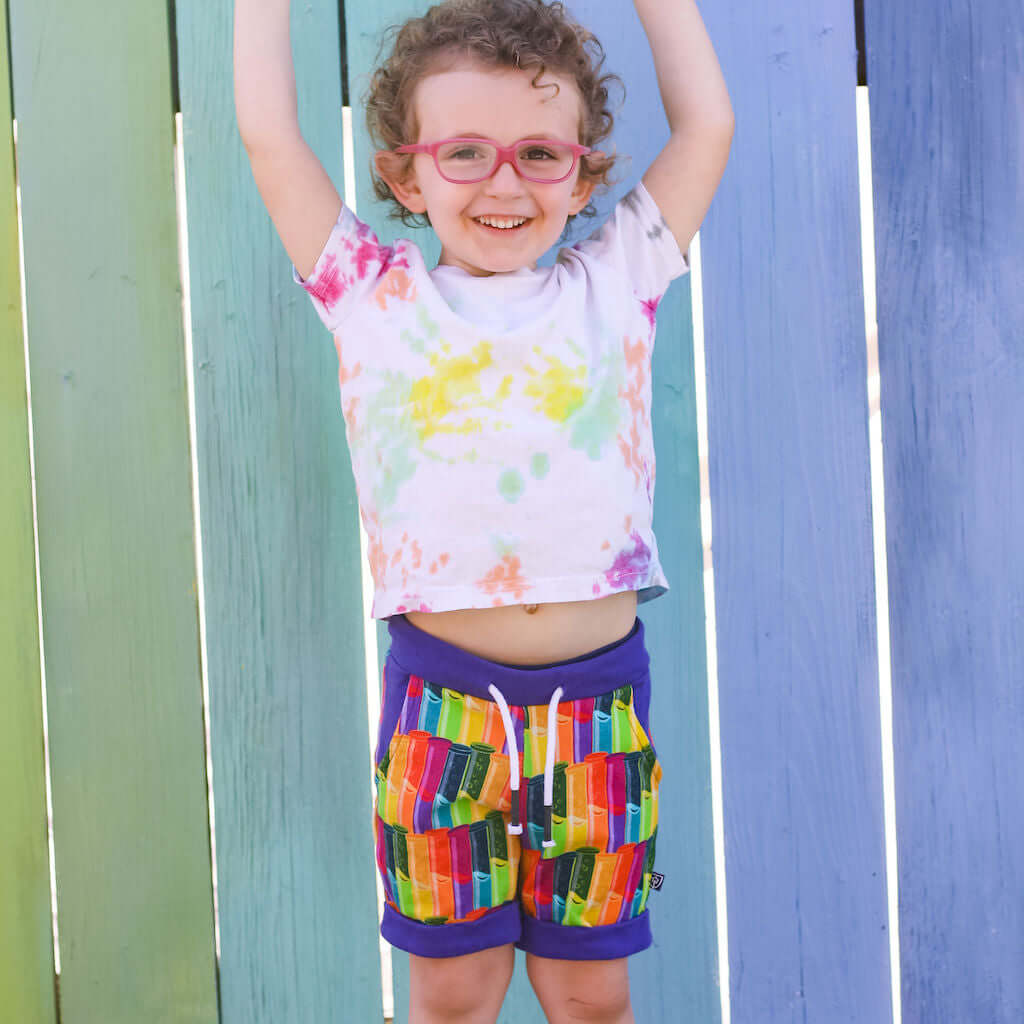 "Test the Rainbow" Test Tubes Drawstring Cuffed Shorts with Pockets