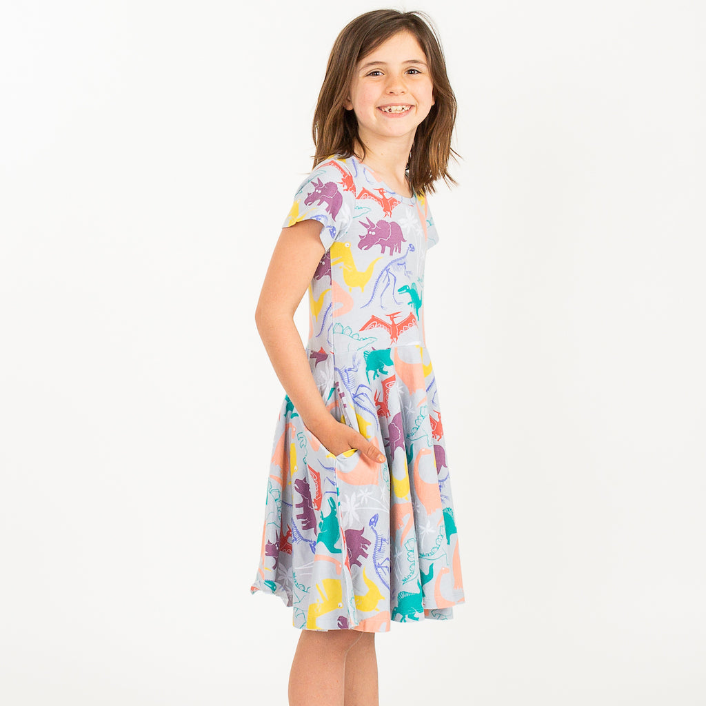 “Mesozoic Mischief” Dinosaurs Short Sleeve Super Twirler Dress