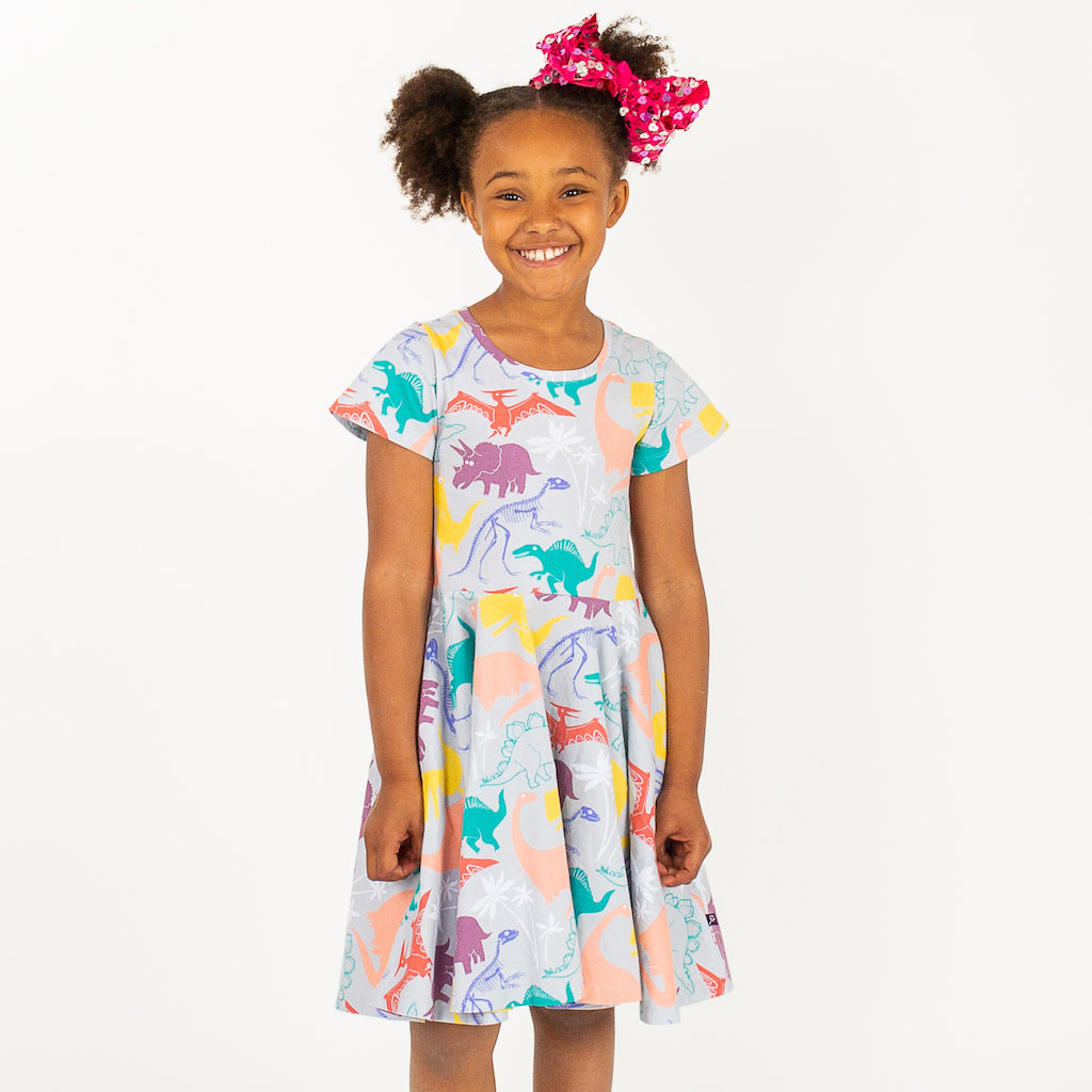 “Mesozoic Mischief” Dinosaurs Short Sleeve Super Twirler Dress