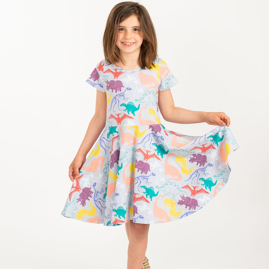 “Mesozoic Mischief” Dinosaurs Short Sleeve Super Twirler Dress