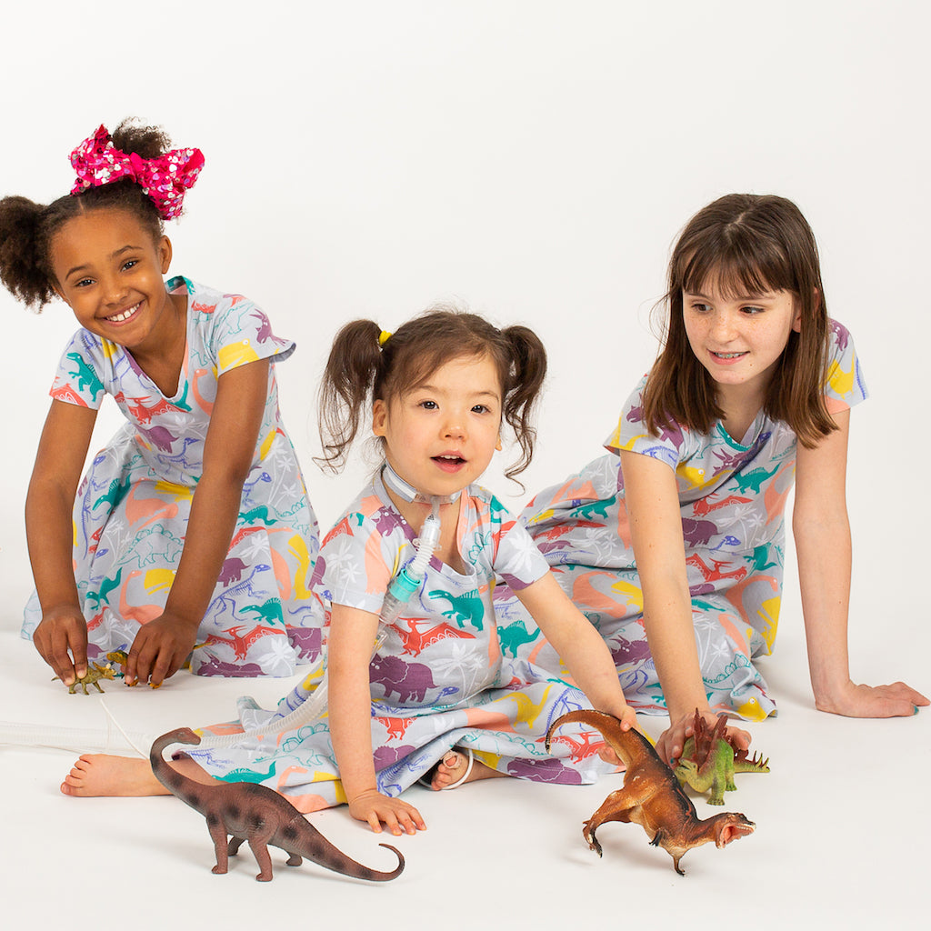 “Mesozoic Mischief” Dinosaurs Short Sleeve Super Twirler Dress