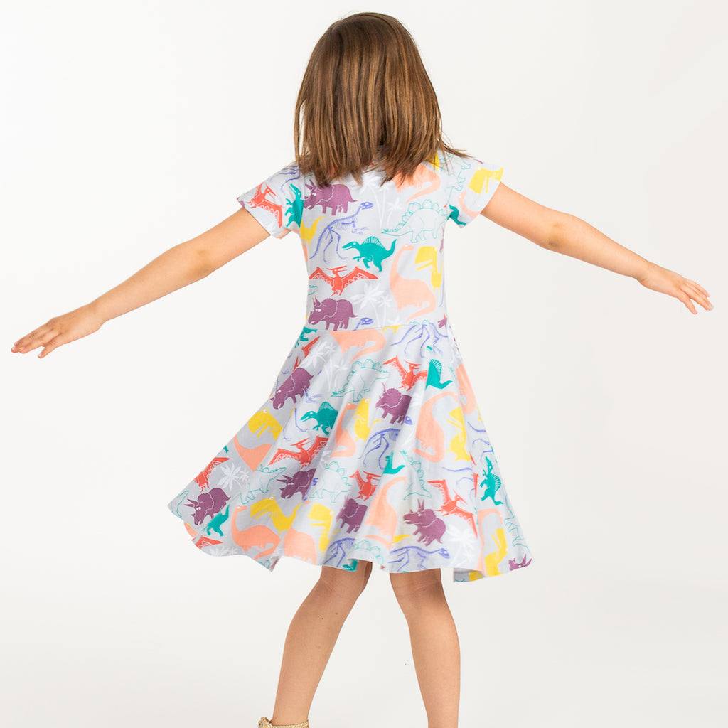 “Mesozoic Mischief” Dinosaurs Short Sleeve Super Twirler Dress