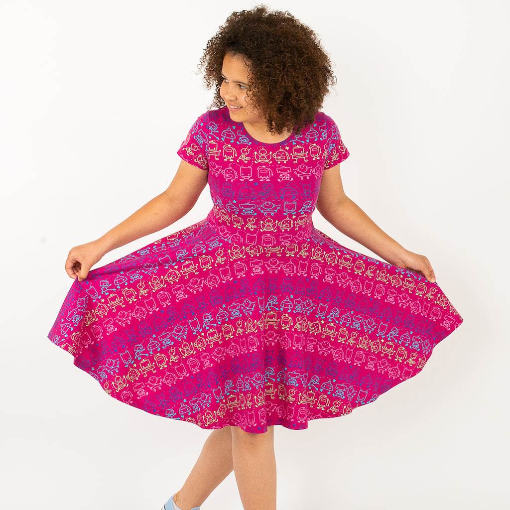 "Boogie Bots" Robots Short Sleeve Super Twirler Dress