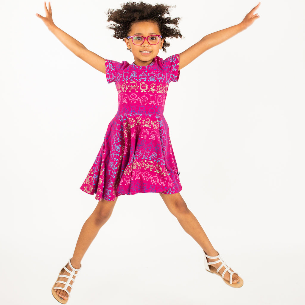 "Boogie Bots" Robots Short Sleeve Super Twirler Dress