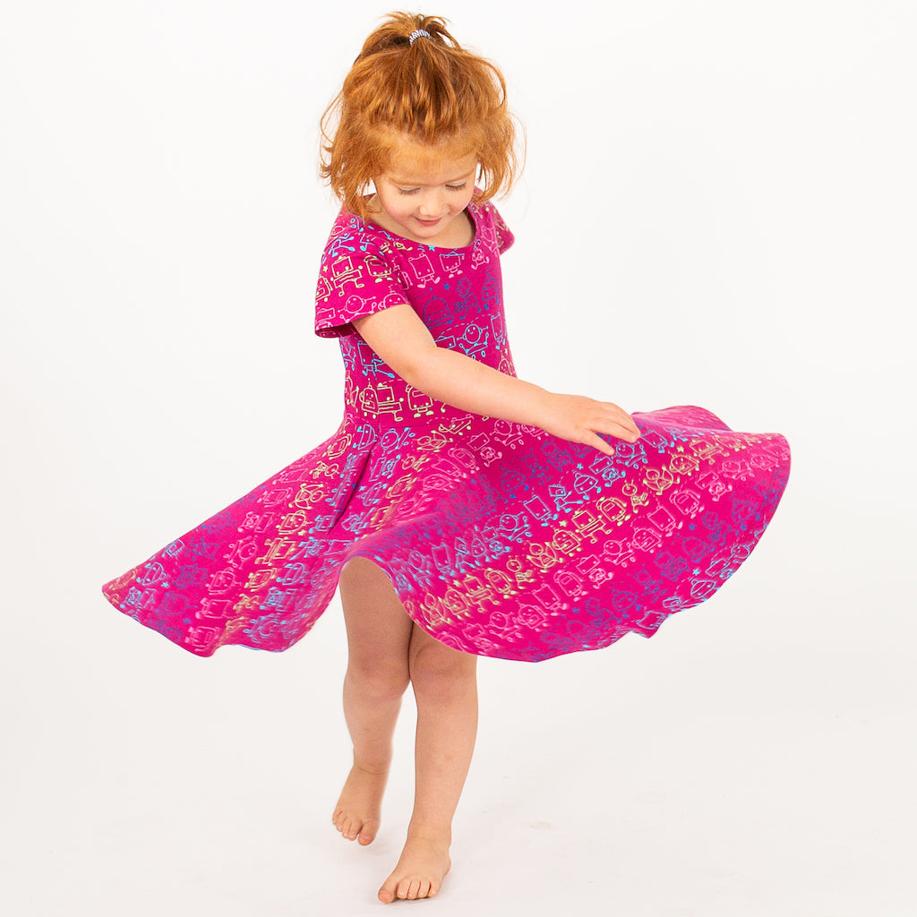 "Boogie Bots" Robots Short Sleeve Super Twirler Dress