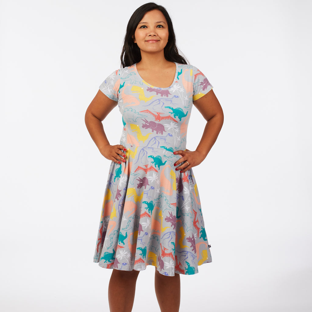 “Mesozoic Mischief” Dinosaurs Short Sleeve Super Twirler Dress with Pockets - Adult