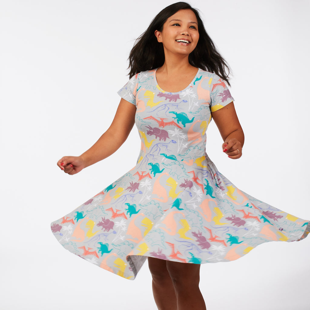 “Mesozoic Mischief” Dinosaurs Short Sleeve Super Twirler Dress with Pockets - Adult