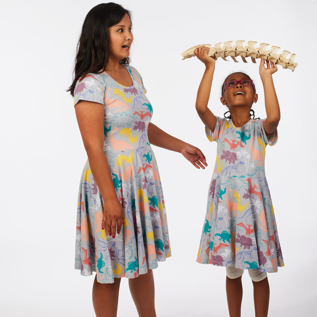 “Mesozoic Mischief” Dinosaurs Short Sleeve Super Twirler Dress with Pockets - Adult
