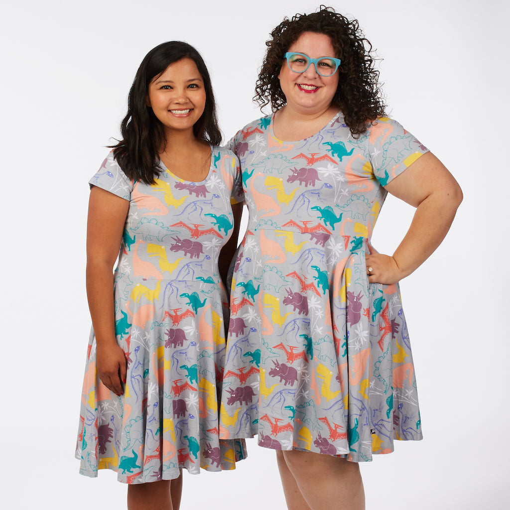 “Mesozoic Mischief” Dinosaurs Short Sleeve Super Twirler Dress with Pockets - Adult