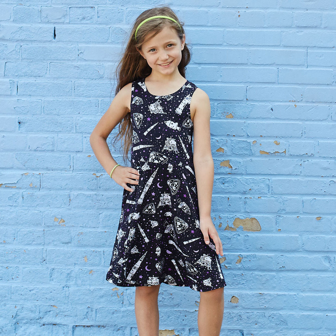 “One Small Step” Moon Landing Knee-Length Stretchy Sleeveless Play Dress with Pockets