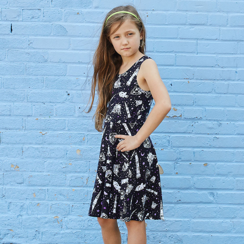 “One Small Step” Moon Landing Knee-Length Stretchy Sleeveless Play Dress with Pockets