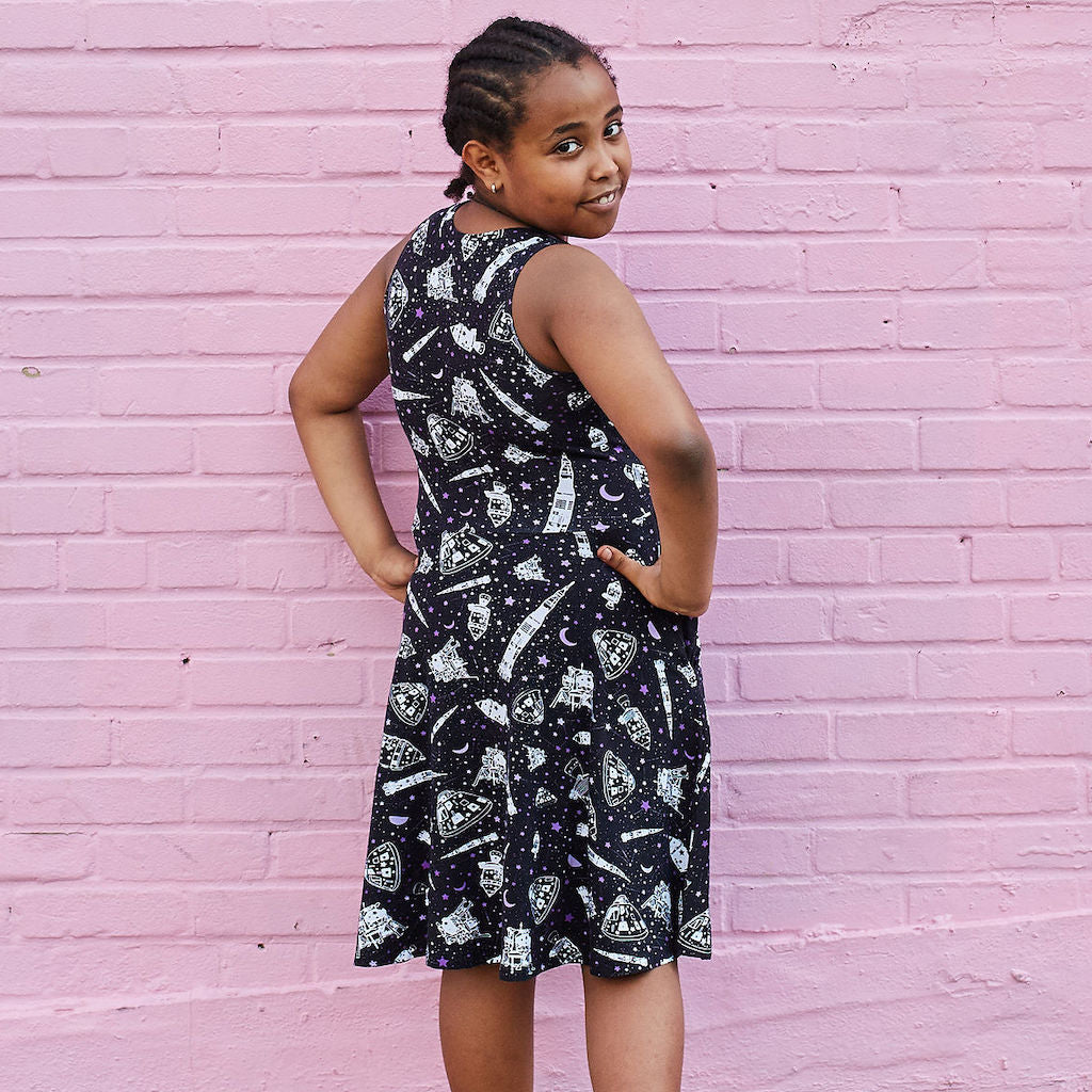 “One Small Step” Moon Landing Knee-Length Stretchy Sleeveless Play Dress with Pockets