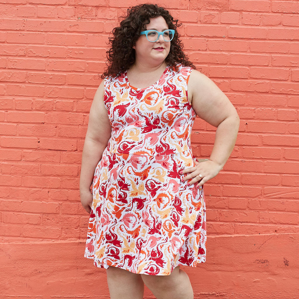 “Fire Borne” Phoenixes Knee-Length Stretchy Sleeveless Dress with Pockets - Adult