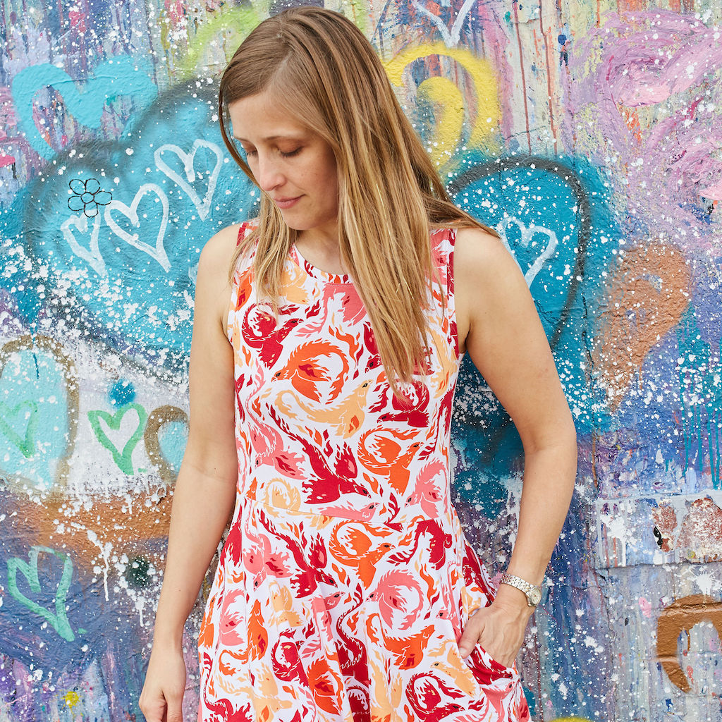 “Fire Borne” Phoenixes Knee-Length Stretchy Sleeveless Dress with Pockets - Adult