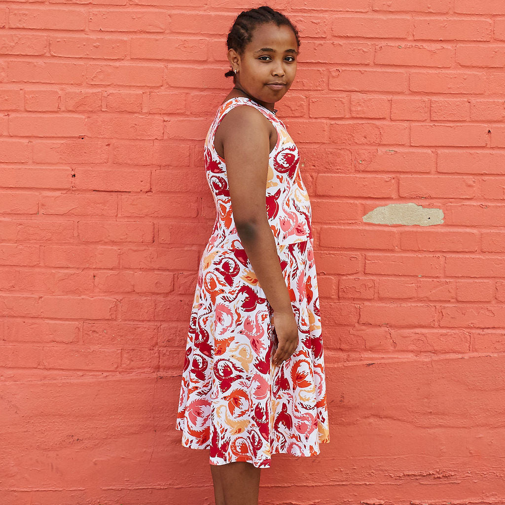 “Fire Borne” Phoenixes Knee-Length Stretchy Sleeveless Play Dress with Pockets
