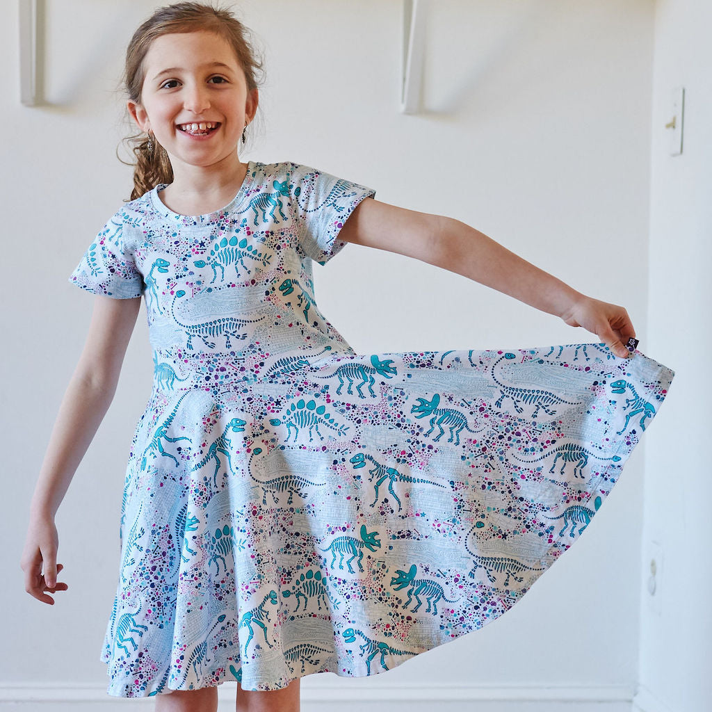 Fossils Forever" Dinosaurs Short Sleeve Super Twirler Dress - Princess Awesome & Boy Wonder Fossils Forever" Dinosaurs Short Sleeve Super Twirler Dress - Princess Awesome & Boy Wonder