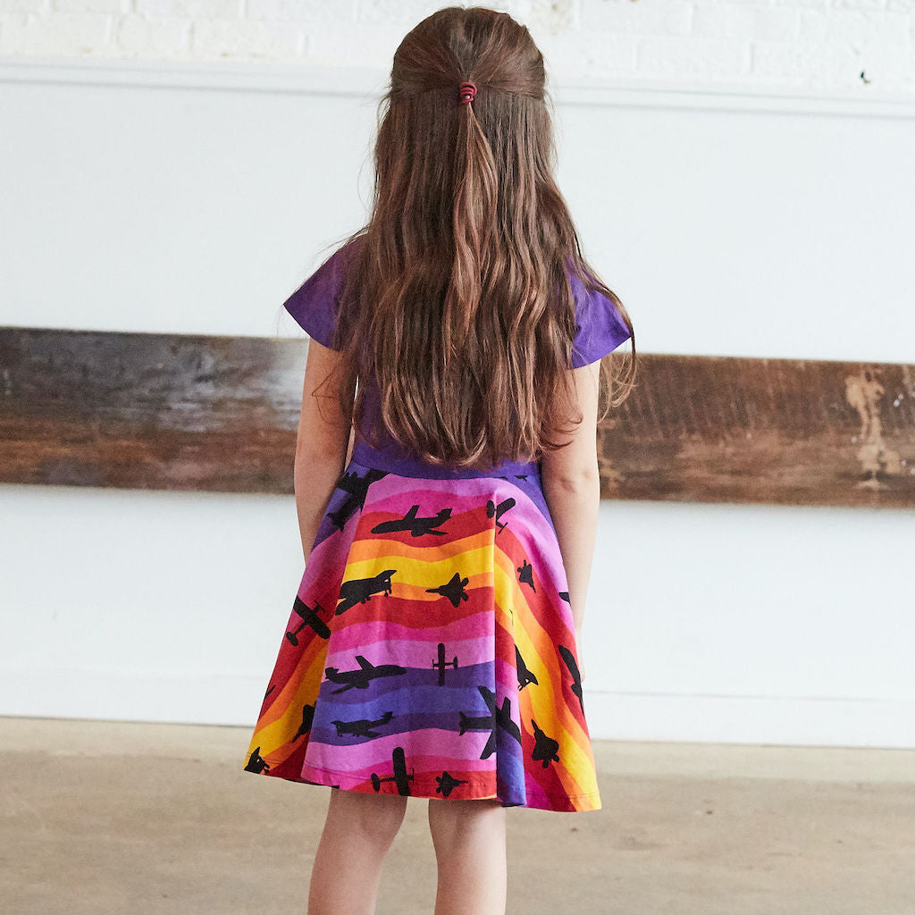 “Twilight Takeoff” Sunset Airplanes Short Sleeve Super Twirler Dress
