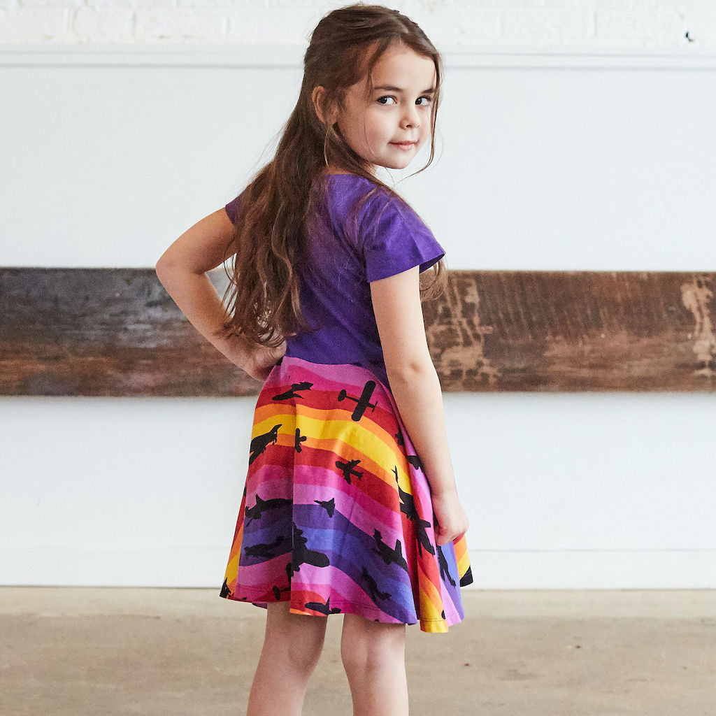 “Twilight Takeoff” Sunset Airplanes Short Sleeve Super Twirler Dress