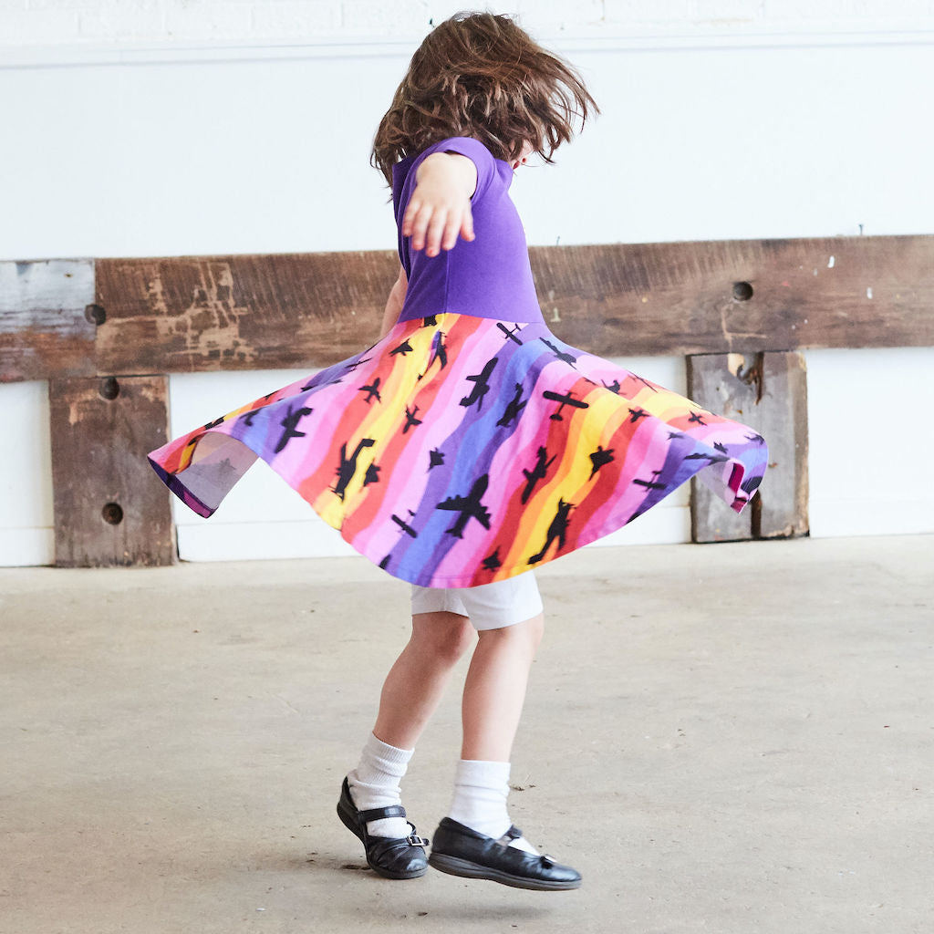 “Twilight Takeoff” Sunset Airplanes Short Sleeve Super Twirler Dress