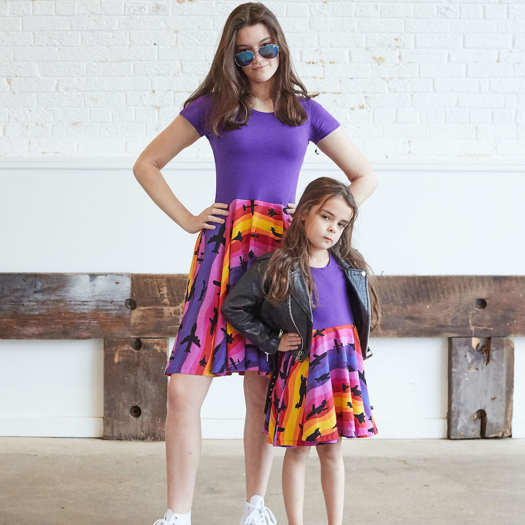 “Twilight Takeoff” Sunset Airplanes Short Sleeve Super Twirler Dress