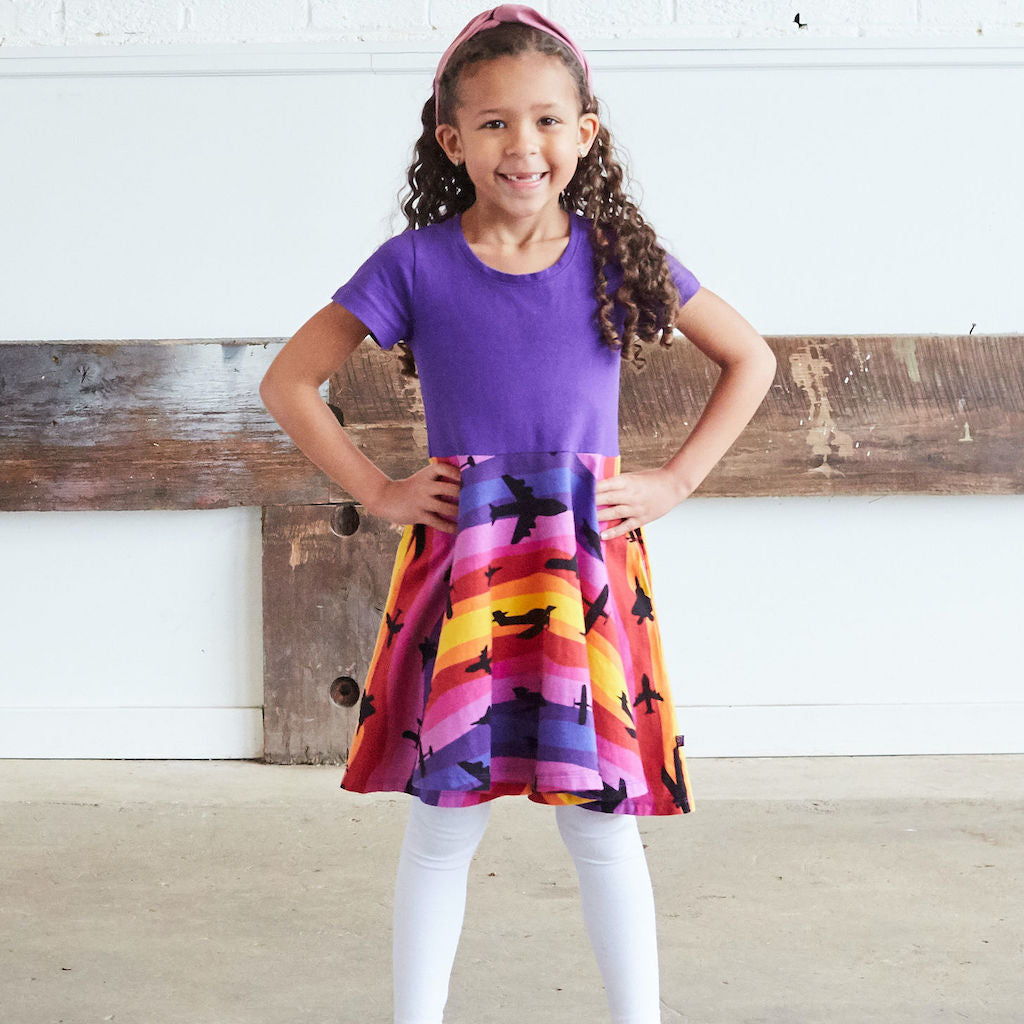 “Twilight Takeoff” Sunset Airplanes Short Sleeve Super Twirler Dress