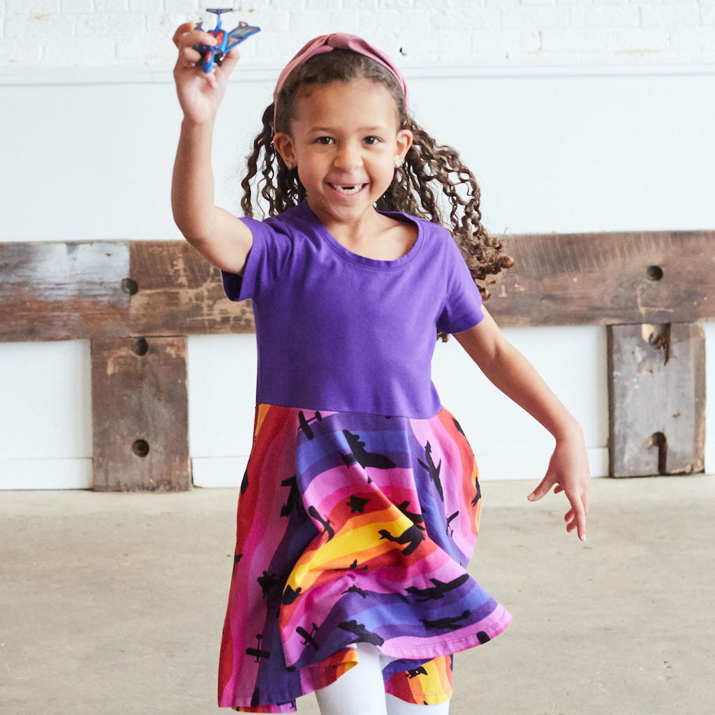 “Twilight Takeoff” Sunset Airplanes Short Sleeve Super Twirler Dress